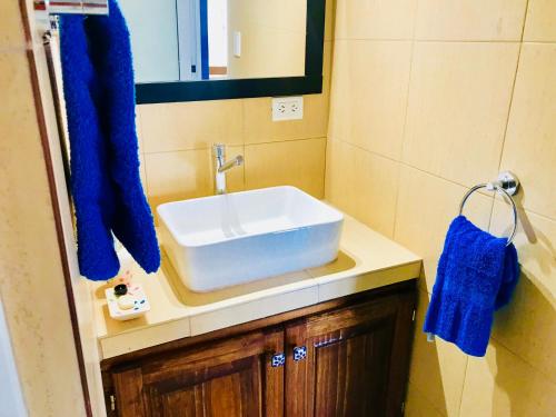 baño con lavabo y toalla azul en El Vigía del Valle en Tafí del Valle