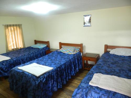 Zimmer mit 3 Betten und blauer Bettwäsche in der Unterkunft Wichana Wasi in Cusco