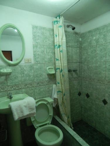 ein Bad mit einem WC, einer Dusche und einem Waschbecken in der Unterkunft Wichana Wasi in Cusco