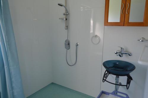a shower in a bathroom with a blue stool at Smiths Farm Holiday Park in Linkwater