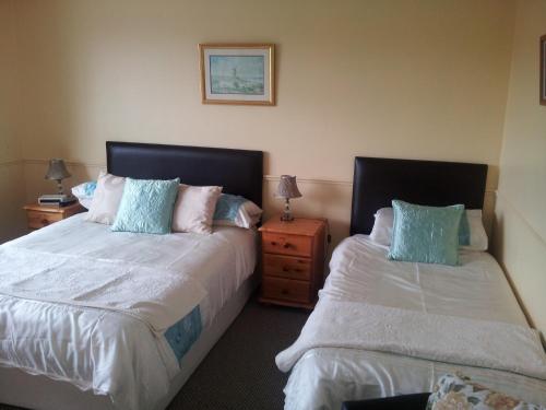 a bedroom with two beds and a night stand with two lamps at Tir Na Nog B&B in Cashel