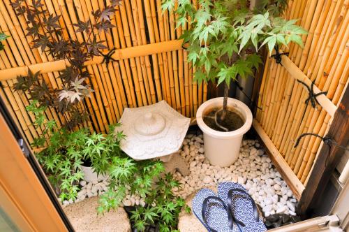 a small garden with a potted tree and a pair of shoes at Harper House in Osaka