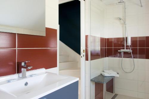 een badkamer met een wastafel en een douche bij La Maison du Lac in Thionne