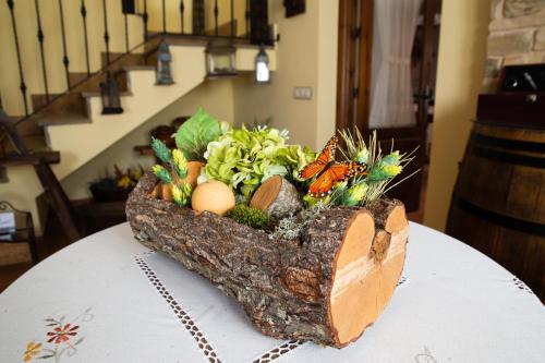 a display of vegetables and butterflies on a table at Casa Magüeto in Combarros