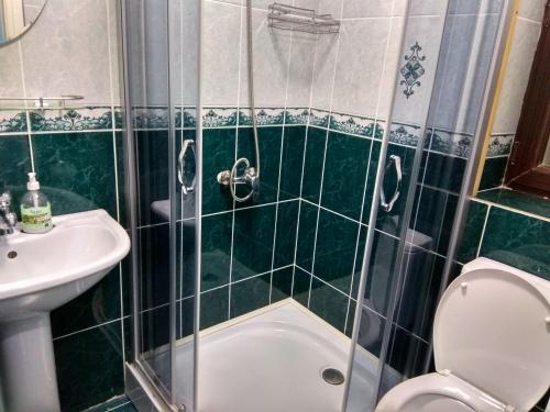 卡拉科爾的住宿－Kanym Guest Complex，带淋浴、卫生间和盥洗盆的浴室