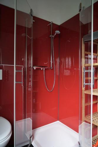 a red bathroom with a shower and a toilet at Ferienhaus an der Lister in Windebruch