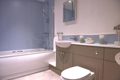 a bathroom with a toilet and a sink and a shower at Lighthouse View 2 in Westward Ho