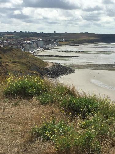 a view of a beach with a city in the background at L'Alidade Chambres d'hôtes in Wimereux