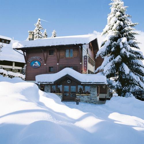 un lodge dans la neige avec un arbre enneigé dans l'établissement Alp-Hôtel, à Megève