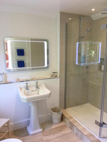 a bathroom with a sink and a shower at Tirol House in Thakeham