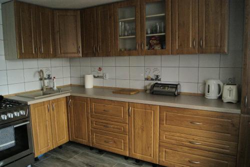 a kitchen with wooden cabinets and a counter top at U Jasia - Agroturystyka in Bańska Niżna