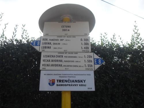 a sign on a pole with street signs on it at Alena Hutarova -Chalupa Bzince pod Javorinou in Dolní Bzince