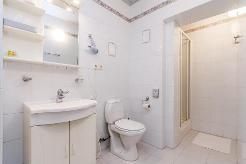 a white bathroom with a toilet and a sink at House Marija in Vilnius