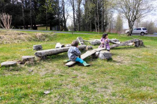 two children sitting on logs in a field at Solheimar Eco-Village Guesthouse in Sólheimar