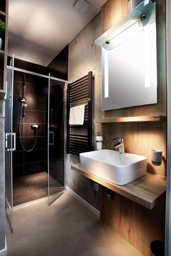 a bathroom with a white sink and a shower at Apartmány Ladná in Ladná