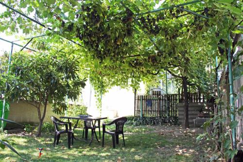 a table and chairs under a tree in a yard at Hotel Liva in Mtskheta