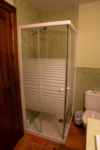 a glass shower in a bathroom with a toilet at Casa Magüeto in Combarros