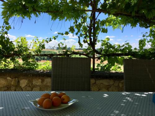 モントレアルにあるAgape Du Gersの景色を望むテーブルに座ったオレンジの鉢