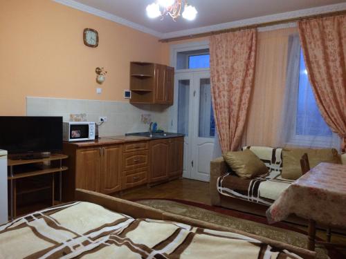 a living room with a couch and a tv in a room at Hercules in Truskavets