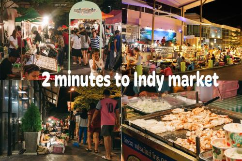 two pictures of a market with people walking around at Beehive Phuket Old Town Hostel in Phuket Town