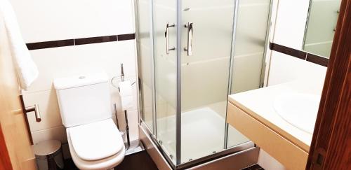 サンタ・クルーズにあるSunrise Garajau Apartのバスルーム(トイレ、ガラス張りのシャワー付)