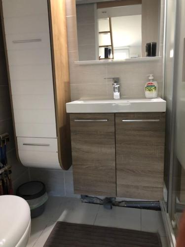 une petite salle de bain avec un lavabo et des toilettes dans l'établissement Studio sympa, à Montpellier