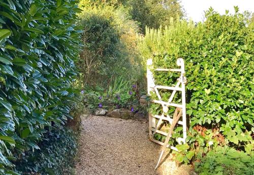 a ladder sitting in the middle of a garden at The Cider Barn Boutique Holiday Cottage in Zeal Monachorum