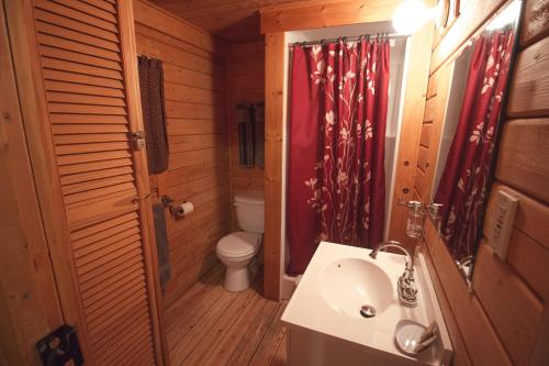 a small bathroom with a toilet and a sink at Katie's Cozy Cabins in Tombstone