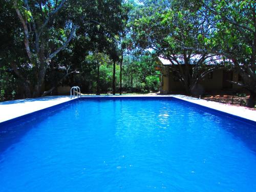 a blue swimming pool with trees in the background at Bissa Villa in Habarana