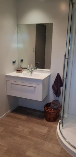 uma casa de banho com um lavatório branco e um espelho. em Anchor Down Bed & Breakfast em Picton