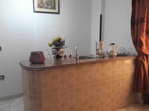 a counter in a kitchen with flowers on it at Al Hambra Hotel in Luxor