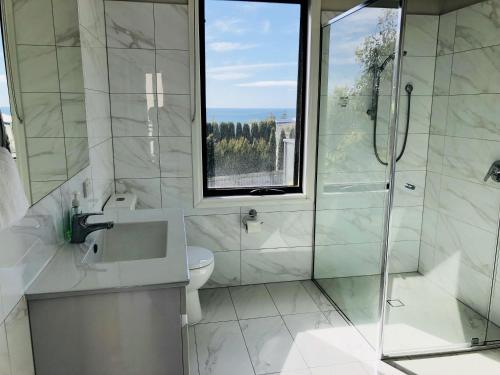 uma casa de banho com um lavatório e um chuveiro com uma janela em Apollo Bay Seal Apartments em Apollo Bay