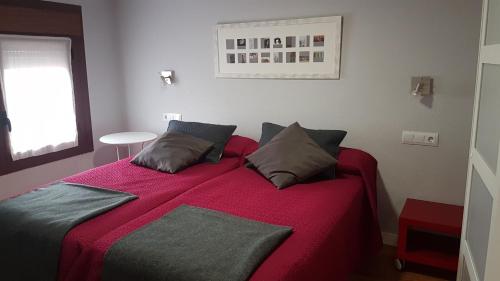 1 dormitorio con 1 cama con manta roja y almohadas en Apartamento Pelaires en Estella