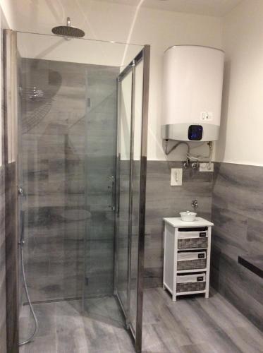 a shower with a glass door in a bathroom at Granduca in Bologna