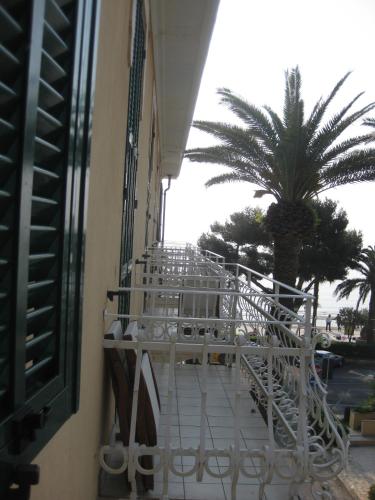 a balcony of a building with a palm tree at Hotel Villa Igea in Alassio