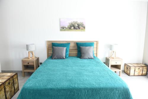 - une chambre avec un lit et une couette verte dans l'établissement Chambre d'hôtes du Charme Provençal, à Sénas