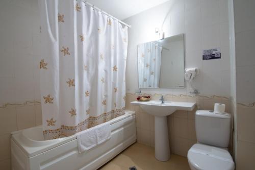 a bathroom with a sink and a toilet and a shower curtain at Park Hotel Arbanassi in Arbanasi