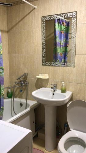 ウラジカフカスにあるКвартира посуточноのバスルーム(洗面台、トイレ、鏡付)