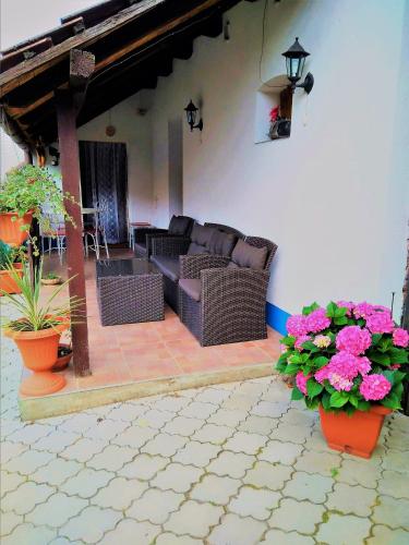 a patio with a couch and flowers in pots at Slovácká chalupa in Ratíškovice