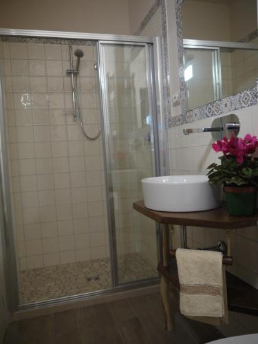 a bathroom with a shower and a sink at "CARA PACE" in collina - Guest House in Montefiore Conca