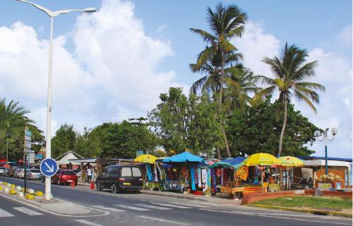a street with a market with umbrellas on the side of the road at Locastudio - Carambole in Sainte-Anne