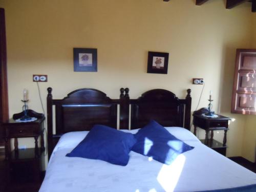 a bedroom with a bed with blue pillows on it at Casa El Campu in Infiesto
