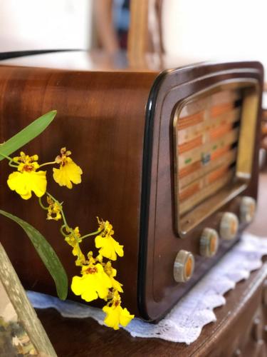 a toaster oven sitting on a table with yellow flowers at Pouso Realeza in Tiradentes