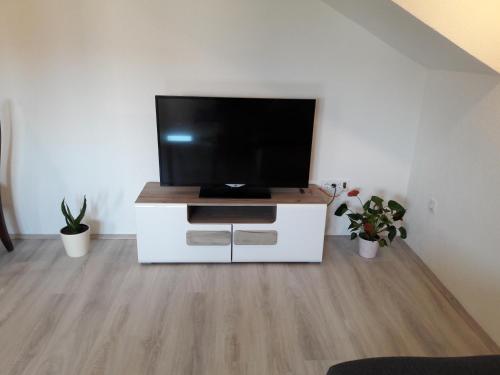 ein Wohnzimmer mit einem Flachbild-TV auf einem weißen Schrank in der Unterkunft M&A in Trebinje