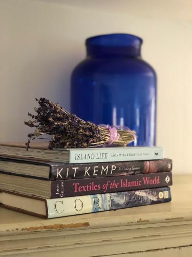 una pila de libros sentados en un estante con un jarrón azul en Theotoki Liston Suite, en Corfú