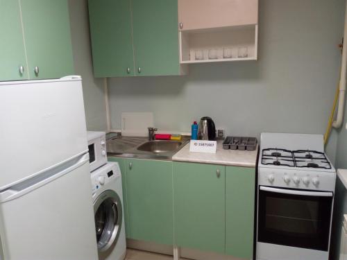 バラシハにあるApartament on Lenina 37のキッチン(緑のキャビネット、洗濯機、乾燥機付)
