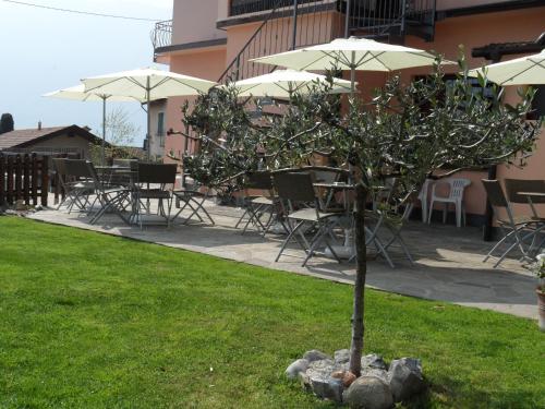 a small tree in a yard with tables and umbrellas at B&B Garzola in Ossuccio