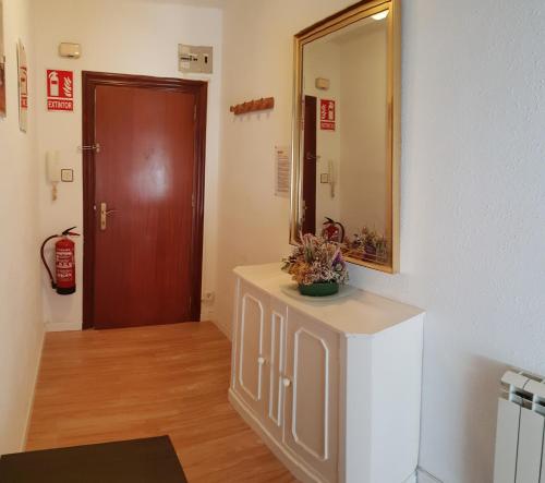 a bathroom with a mirror and a cabinet and a door at Apartamento La Ruta Del Vino in Haro