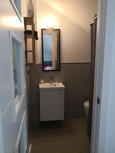 a bathroom with a sink and a mirror and a toilet at Apartamentos en Paseo Maritimo in El Rompido