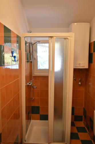 eine Dusche mit Glastür im Bad in der Unterkunft Apartments Vuković in Stari Grad